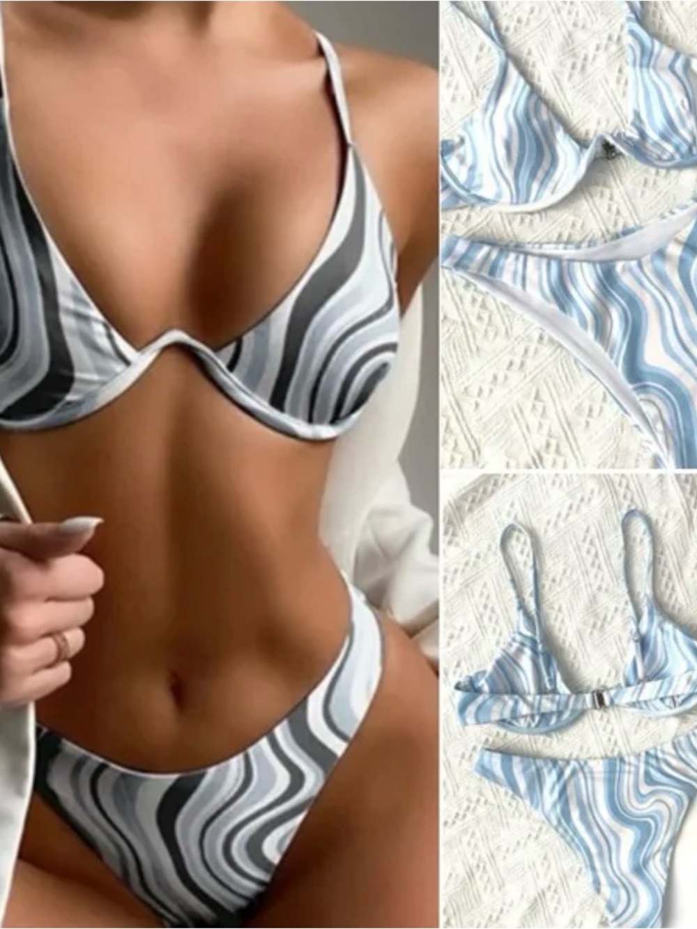 SHEIN Wave Print Underwire Bikini Set - Blue, Light Blue & Gray